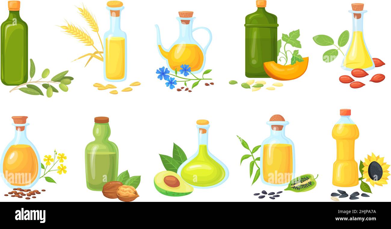 Oil seeds bottles. Oils for cooking vegetables with seed plant wheat