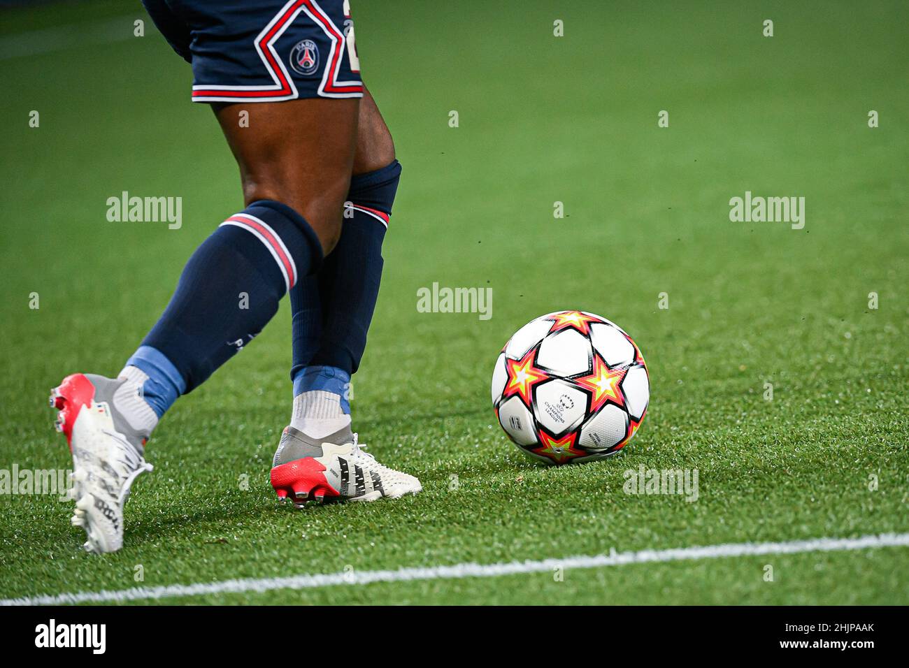 The official UEFA Champions League Adidas ball illustration is seen at the  foot of a player during the UEFA Women's Champions League, Group B football  Stock Photo - Alamy