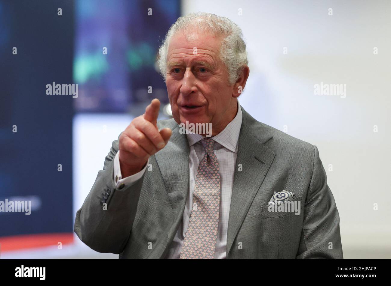 The Prince of Wales during a visit to Astroscale Ltd in Didcot, Oxfordshrie, to learn of their ground-breaking ELSA-d space mission to demonstrate the removal of a replica defunct satellite from low Earth orbit. Picture date: Monday January 31, 2022. Stock Photo