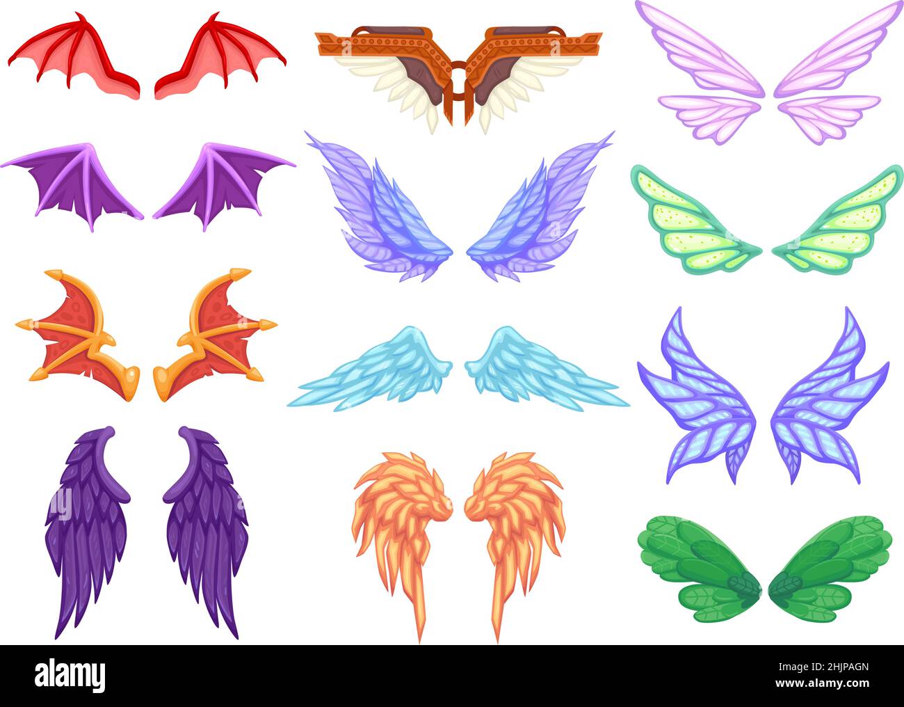 Cartoon dragon wings. Angel devil dragon bat fairy tail mythical monster pegasus unicorn fantasy animal wing collection, fly winged creature set icon vector illustration. Devil angel and dragon wings Stock Vector