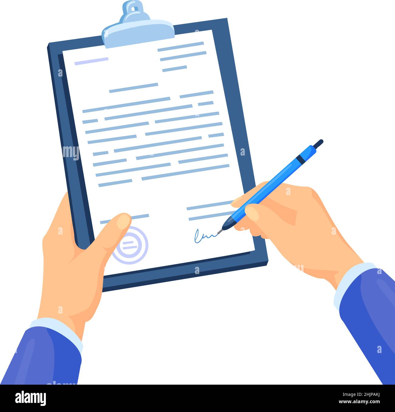 Lawyer signing certification. Contract signature, hand with pen sign paper document, symbol job certificate or legal agreement, cartoon vector illustration. Agreement contract, signature document Stock Vector