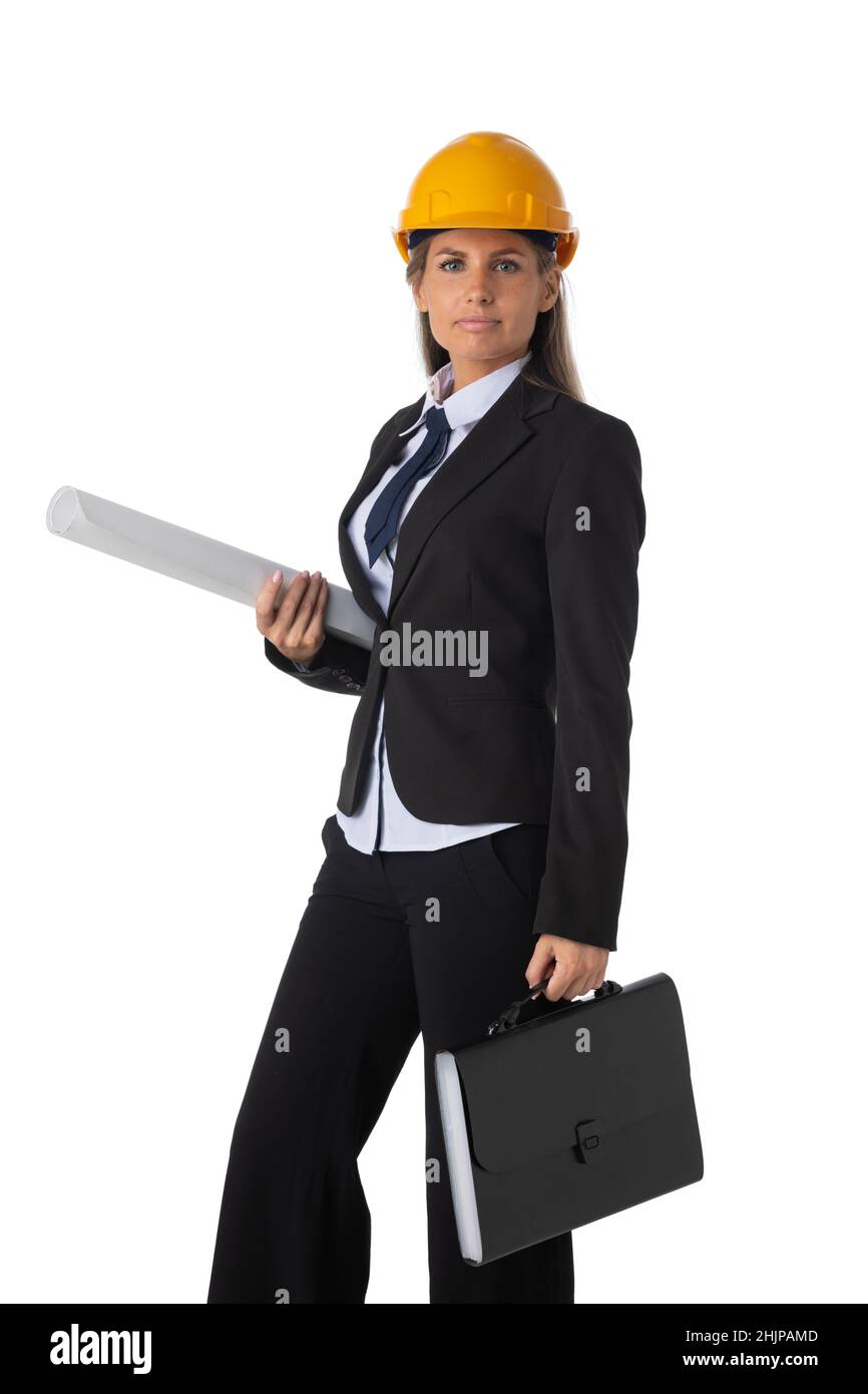 Female business woman architect in suit and yellow hardhat holding blueprints isolated on white background Stock Photo