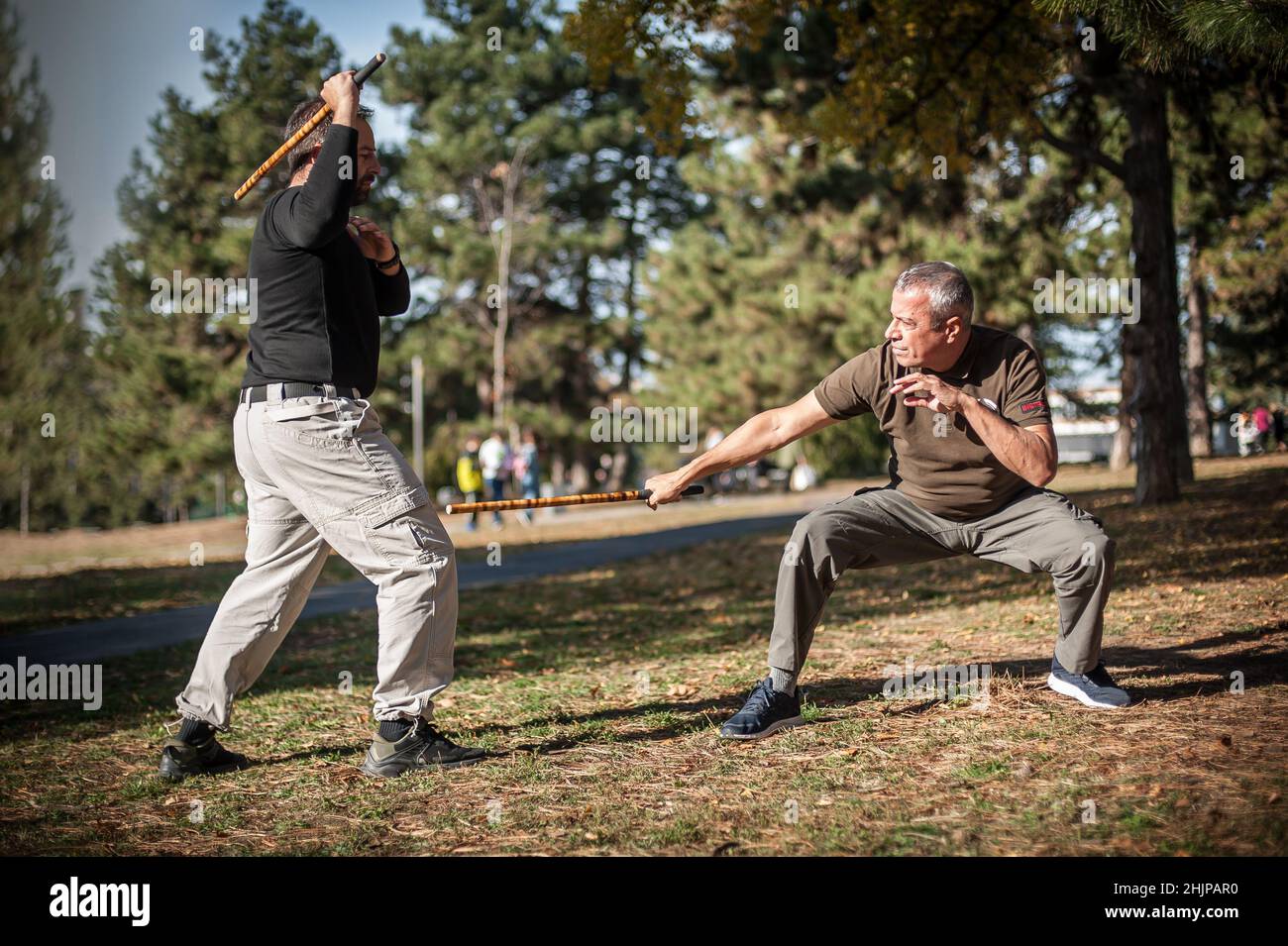 Instructor and student practice filipino escrima stick fighting technique. Martial  arts demonstration Stock Photo - Alamy