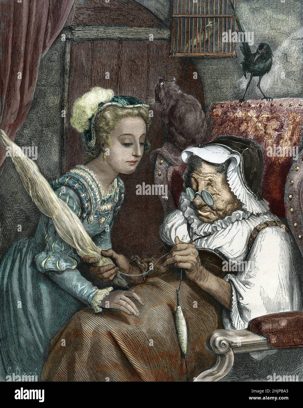 La princesse et la vieille dame filant la laine - Illustration de ...