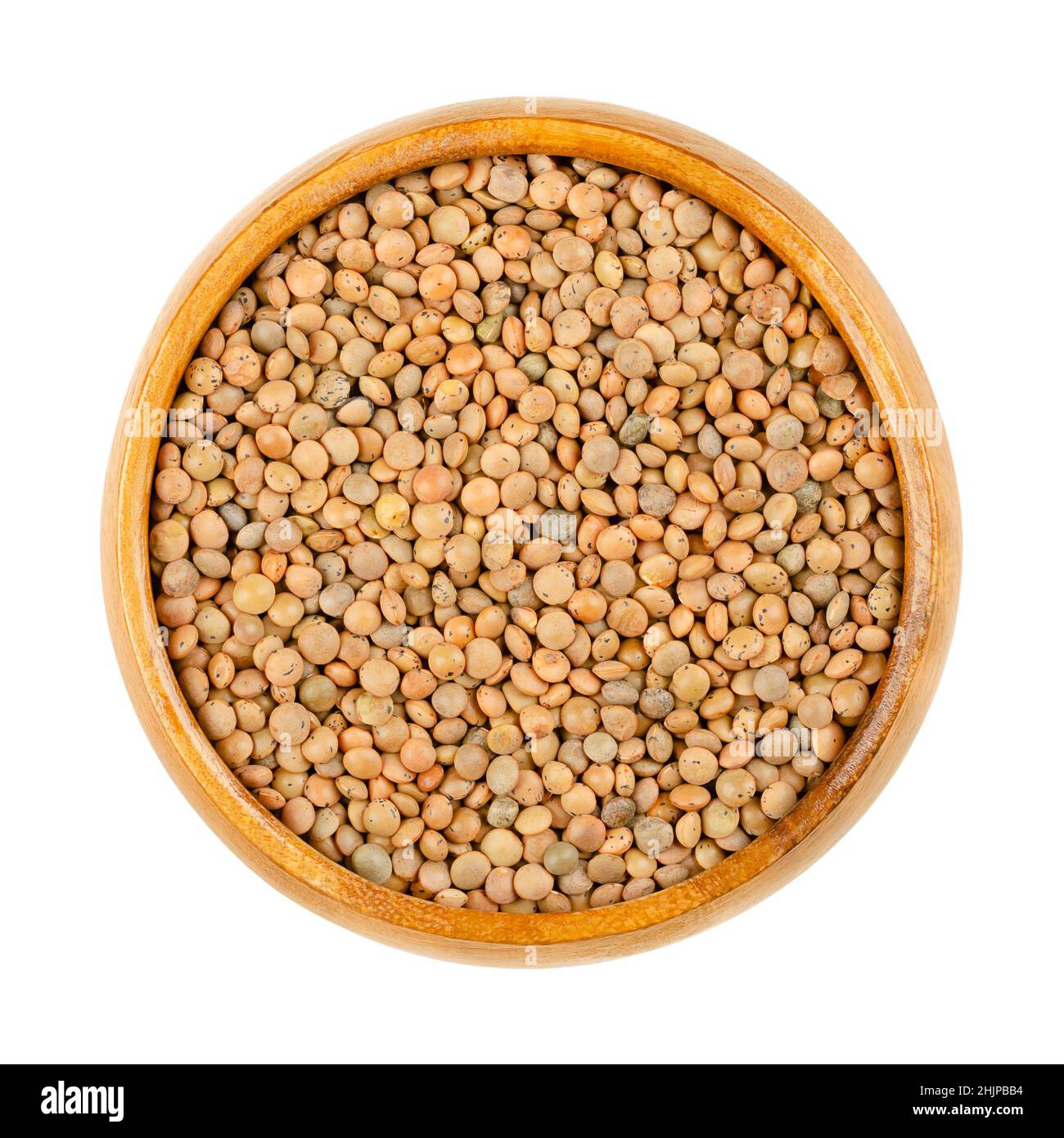 Brown lentils in a wooden bowl. Mountain lentils, Lens culinaris (Lens esculenta), small brown-red lentils with delicate speckles on a shiny surface. Stock Photo