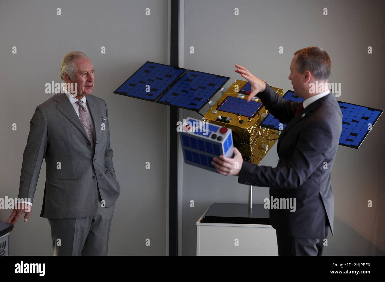 The Prince of Wales (left) speaks to Head of Operations at Astroscale Al Colebourn during a visit to Astroscale Ltd in Didcot, Oxfordshrie, to learn of their ground-breaking ELSA-d space mission to demonstrate the removal of a replica defunct satellite from low Earth orbit. Picture date: Monday January 31, 2022. Stock Photo