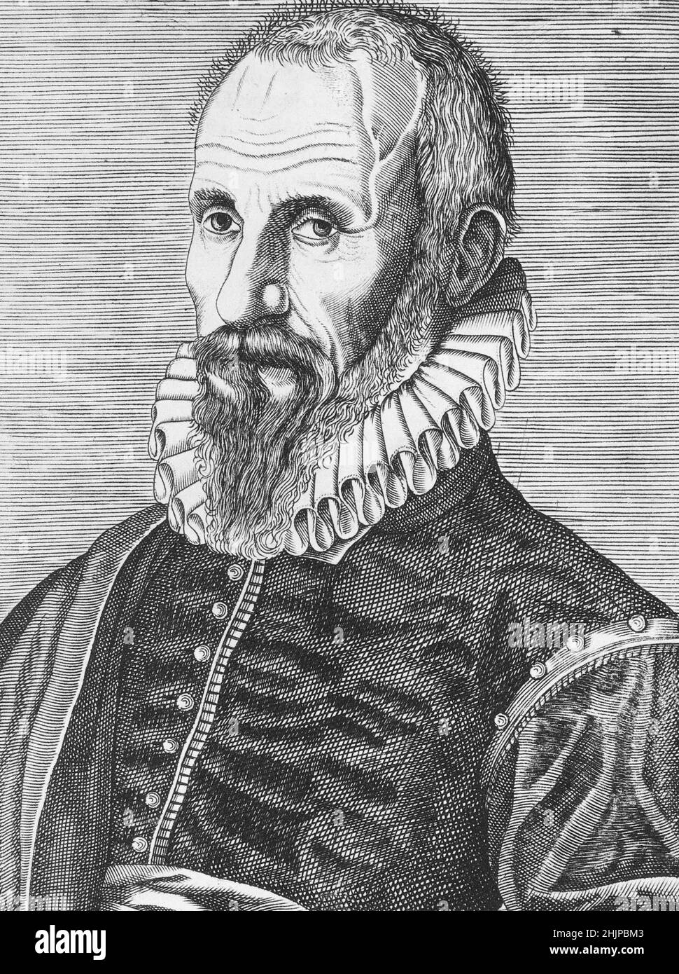 Portrait d'Ambroise Pare (1509-1590) chirurgien et anatomiste francais (Ambroise Pare  French barber surgeon who served in that role for kings Henry II, Francis II, Charles IX and Henry III) Gravure Collection privee Stock Photo