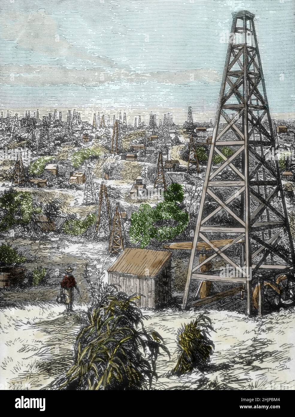 Puits de p trole hi res stock photography - Derrick De Petrole Du Gisement De Triumph Hill Pennsylvanie Etats Unis 1880 Oil Industry Derricks Of Triumph Hill Pennsylvania United States 1880 Gravure De La Fin Du 19eme Siecle Collection Privee 2HJPBM4 
