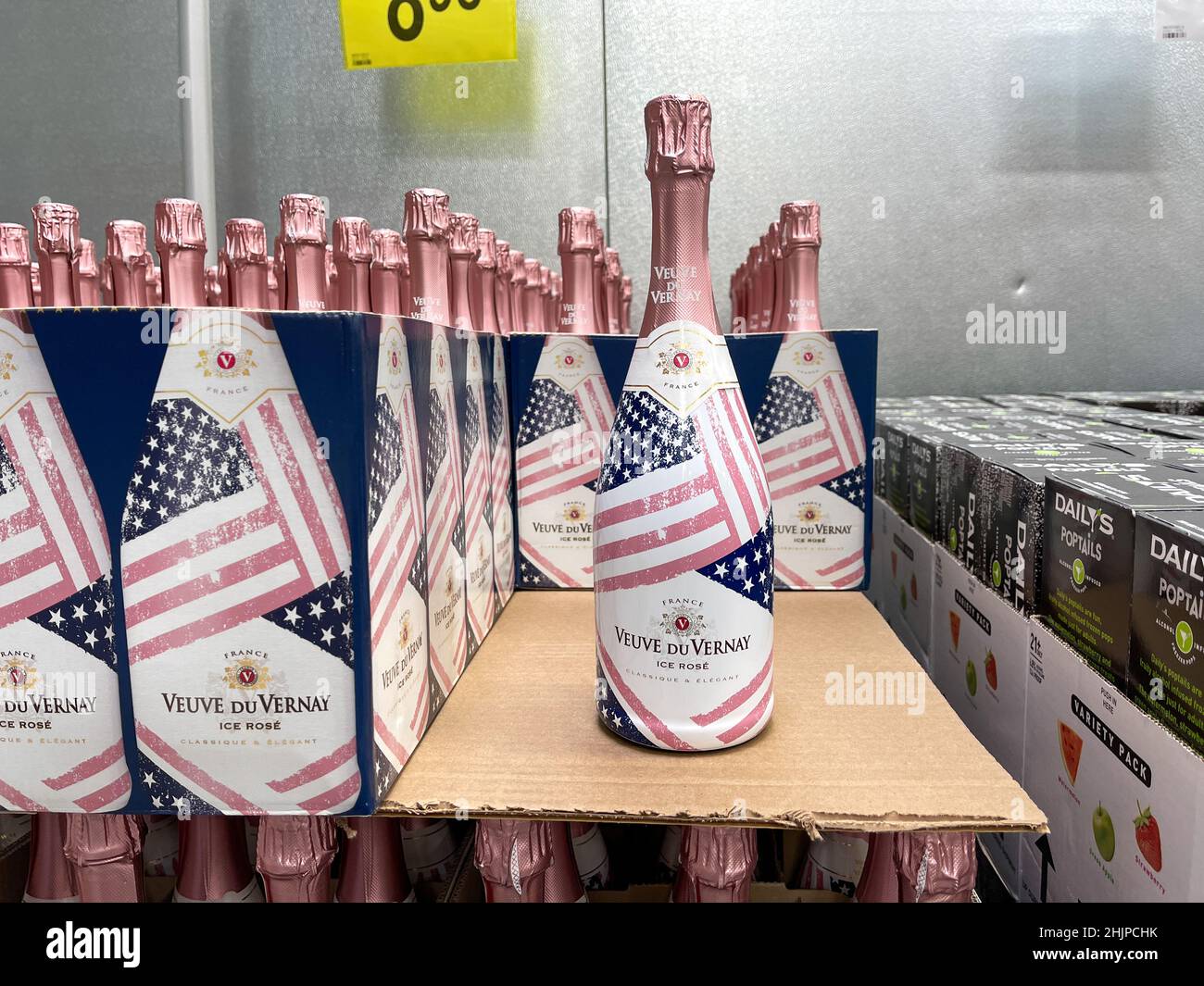 Orlando, FL USA May31, 2021 Rows of Veuve du Vernay Ice Rose Wine at
