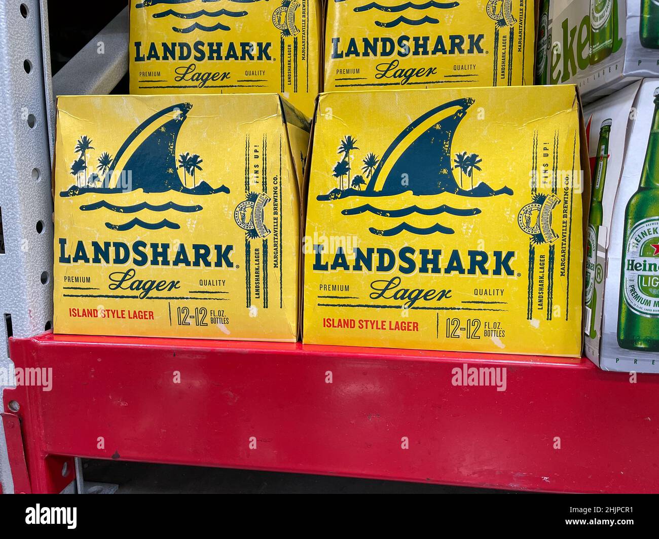 Orlando, FL USA September 10, 2021 Cases of Landshark Lager beer at