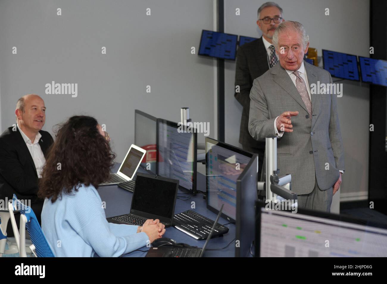 The Prince of Wales during a visit to Astroscale Ltd in Didcot, Oxfordshrie, to learn of their ground-breaking ELSA-d space mission to demonstrate the removal of a replica defunct satellite from low Earth orbit. Picture date: Monday January 31, 2022. Stock Photo