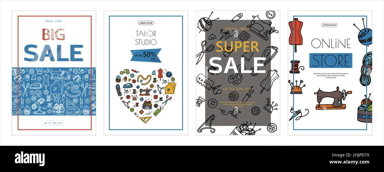 Vector doodle sewing banners. Vector tailoring tools icons. Sewing ...