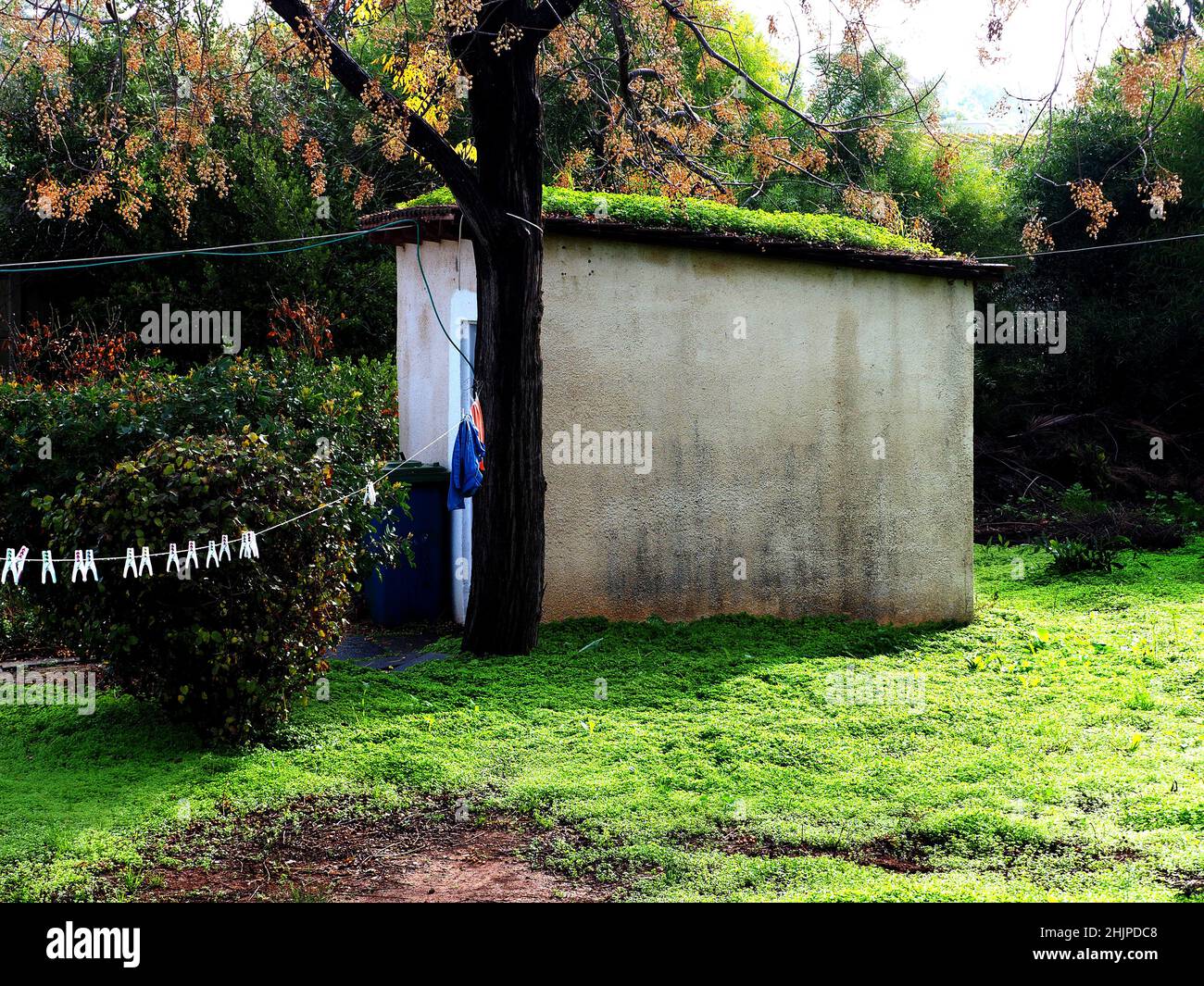 Small agricultural building in Israel. Concrete storage building without windows. Stock Photo