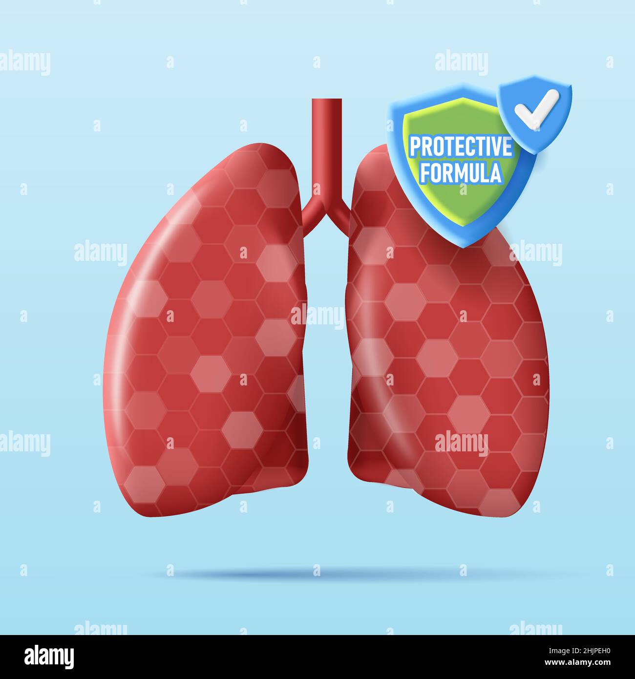 3d illustration of healthy human lungs with shield label and hexagon ...