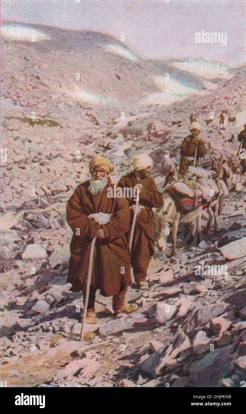Laden with salt and merchandise a native caravan picks its rocky way over the storm-swept mountains into Chitral. Afghanistan (1923) Stock Photo