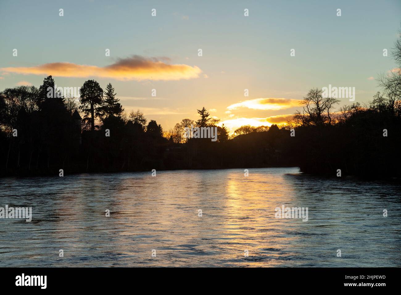 Sunset from Ness Island looking up the River Ness, Inverness, Scotland Stock Photo