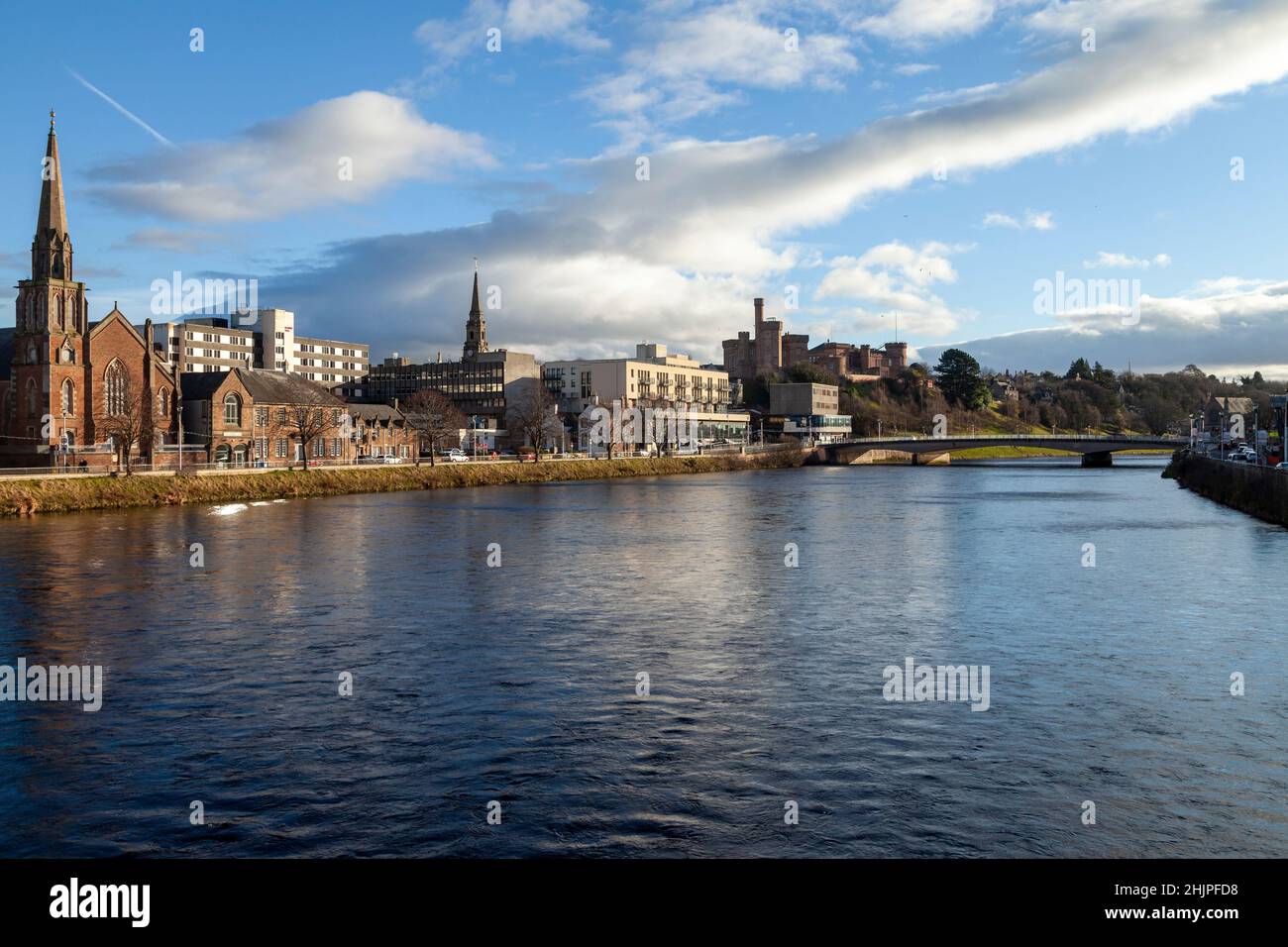 Looking up the River Ness towards Inverness Castle from the Greig Street Bridge. Stock Photo