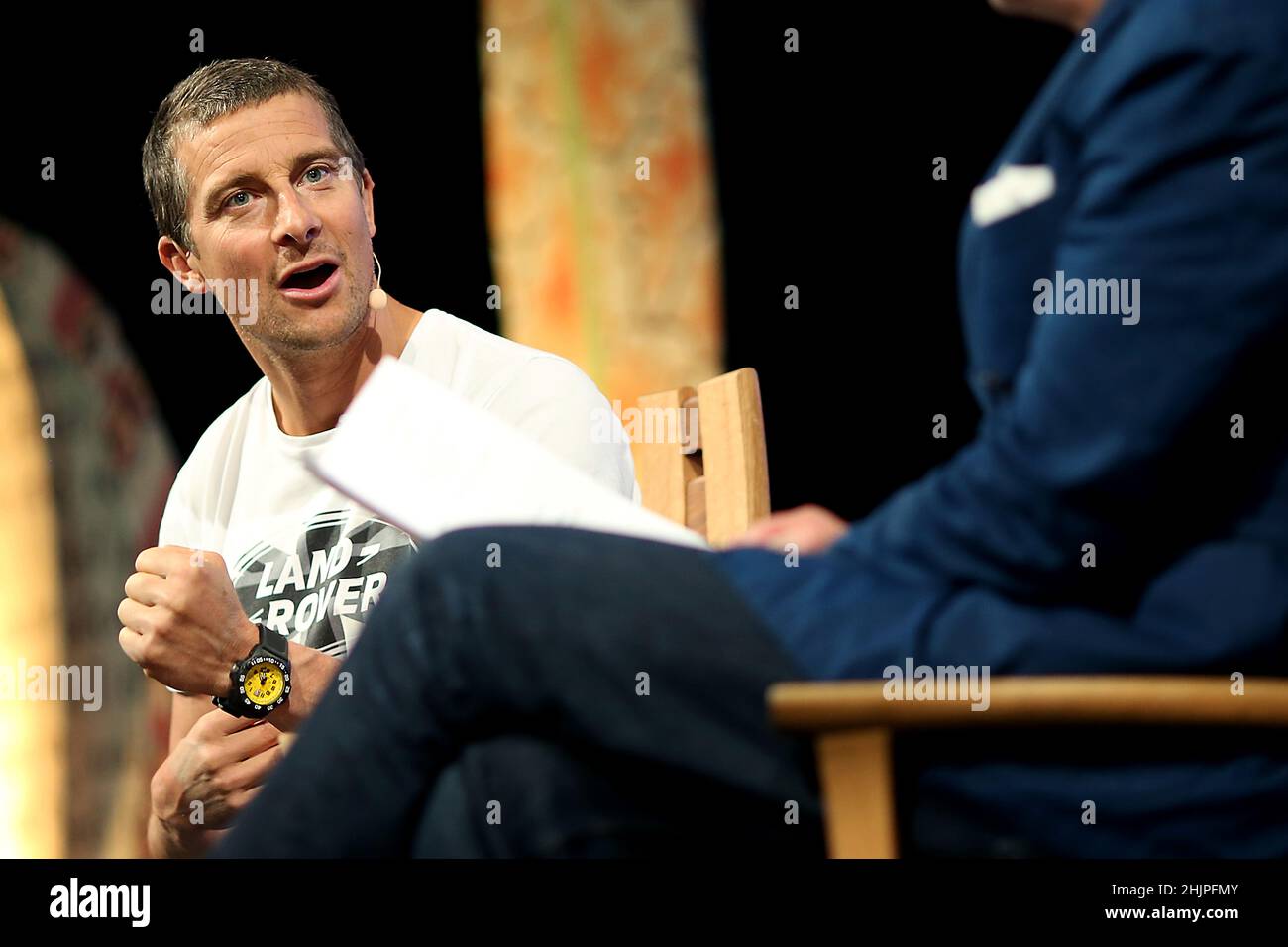 Bear Grylls at Hay-On-Wye in Wales on the 26th of May 2018, speaking at the Hay Festival.  Edward Michael 'Bear' Grylls OBE is a British adventurer, w Stock Photo