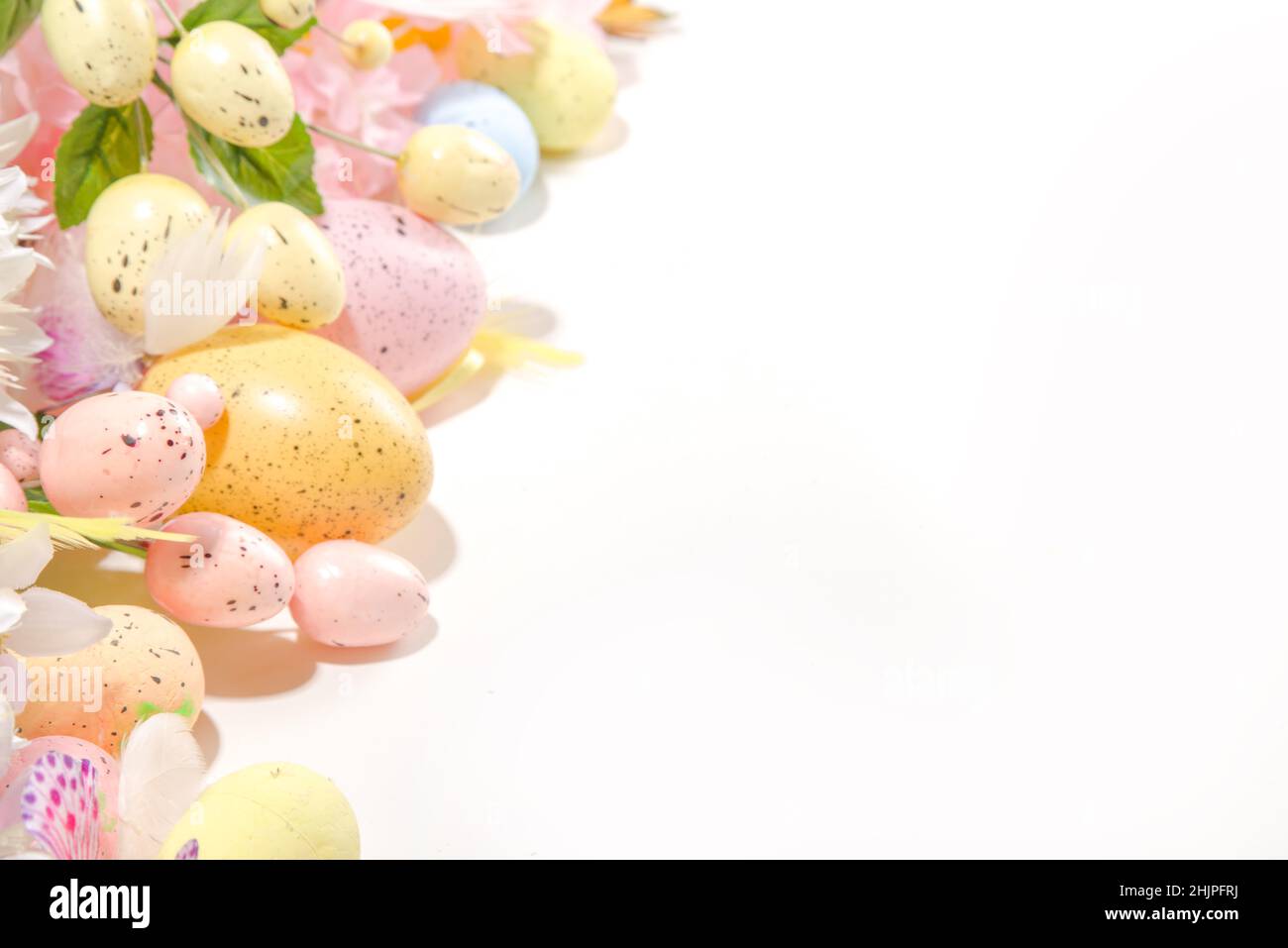 Easter holiday top view flat lay frame background with easter colorful ...