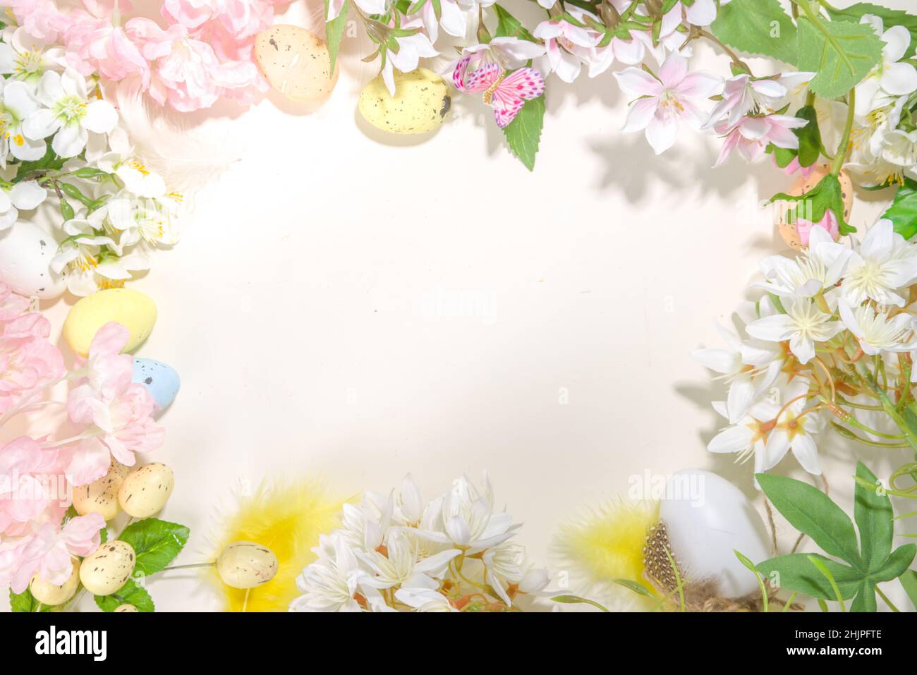 Easter holiday top view flat lay frame background with easter colorful ...