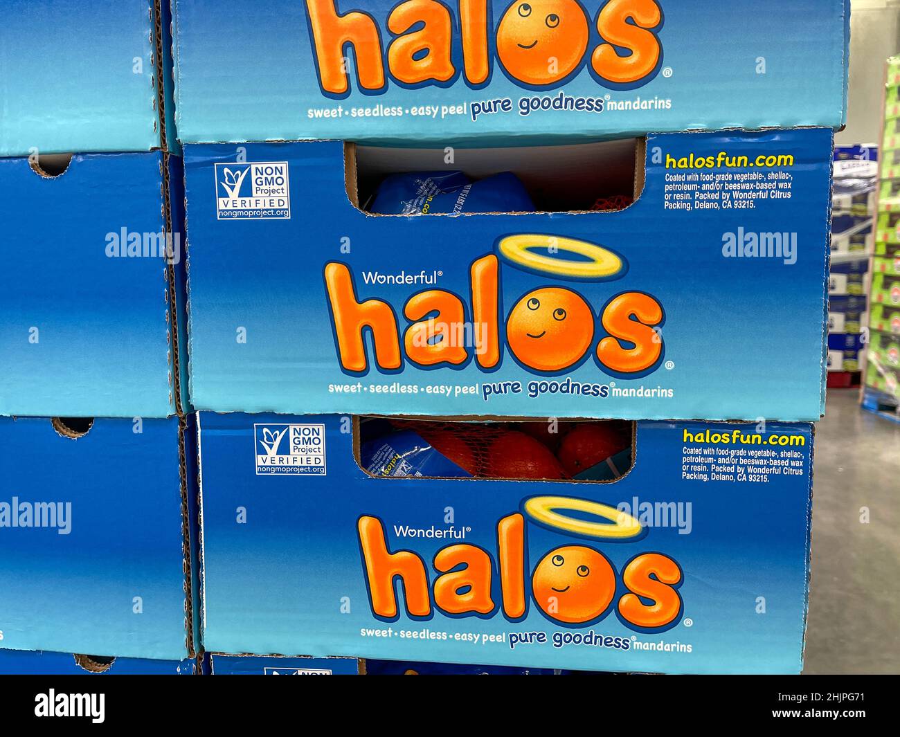 Orlando, FL USA September 10, 2021 Cases of Halos mandarins fruit at
