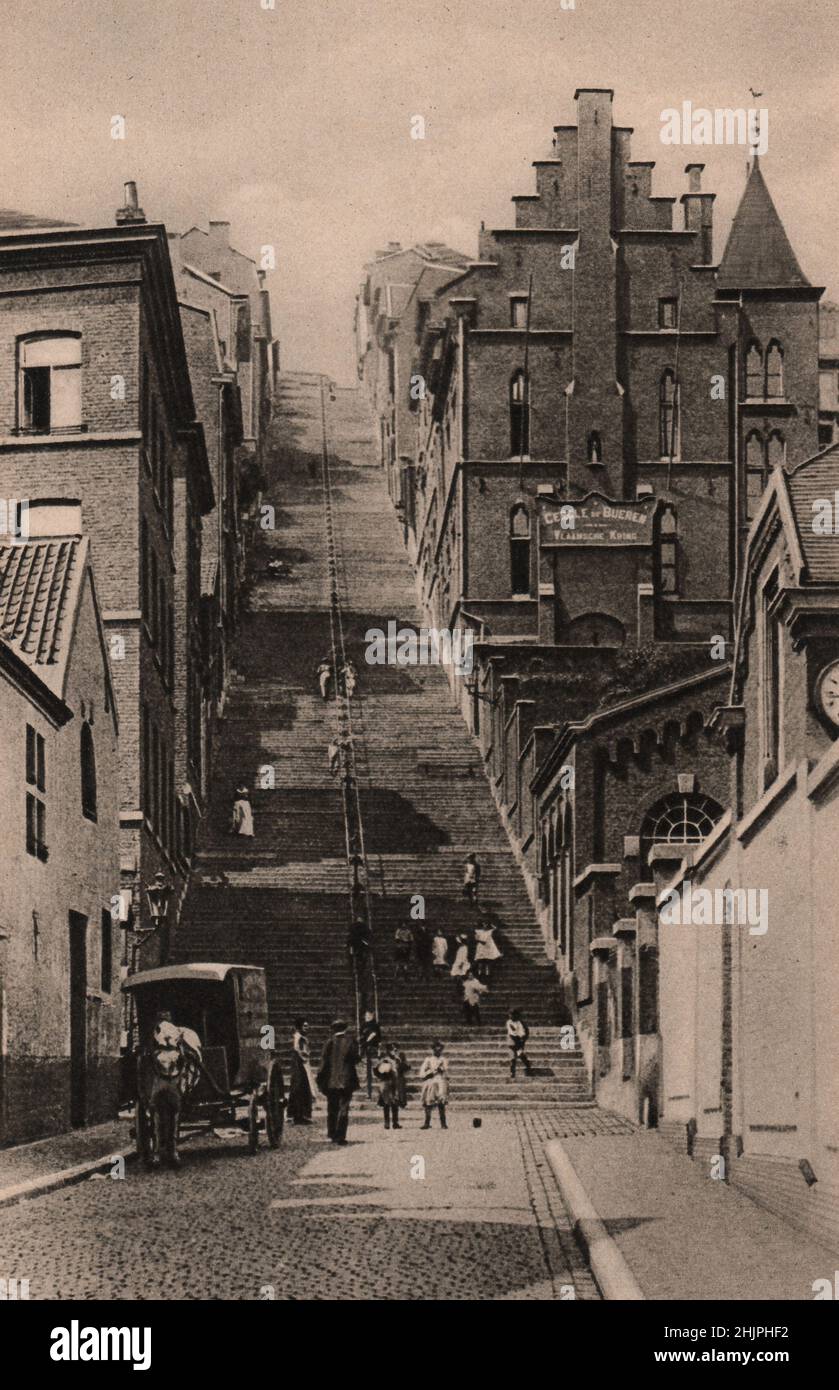 From the Rue Hors-Château this steep flight of 385 steps, the Montagne de Bueren, leads up to the Chitadel of Liége. Belgium (1923) Stock Photo