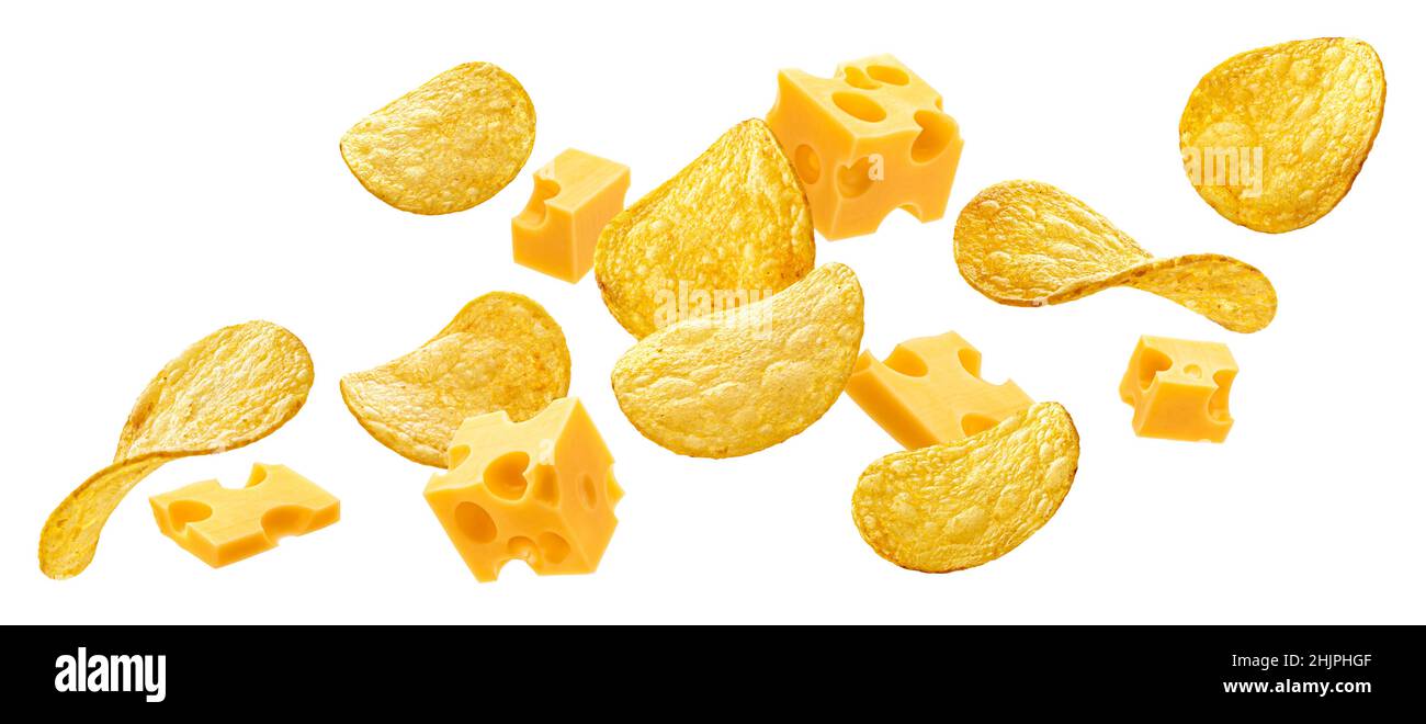 Potato chips with cheese isolated on white background Stock Photo