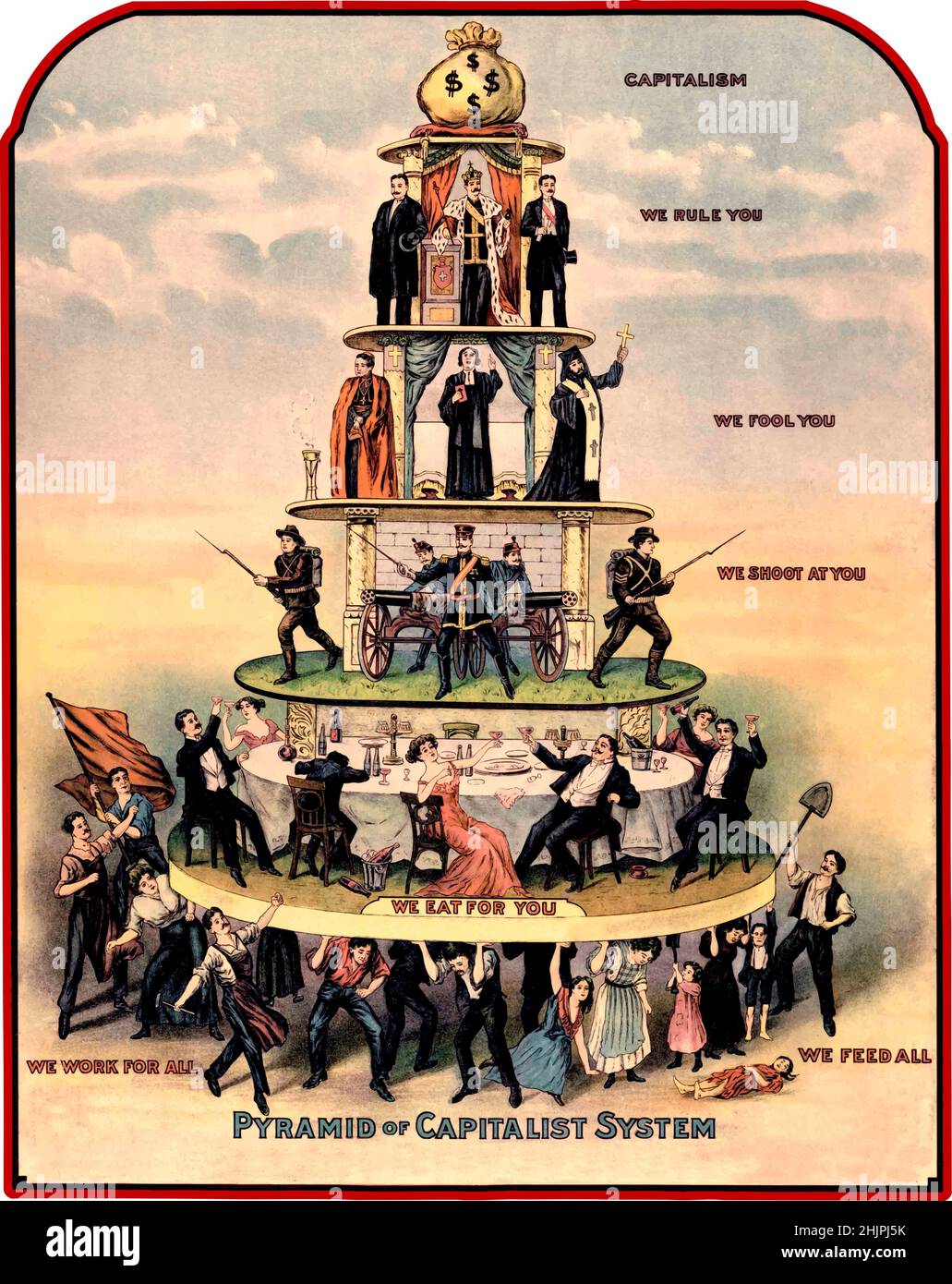 The Pyramid of Capitalist System is a common name of a 1911 American cartoon caricature critical of capitalism, copied from a Russian flyer of c. 1901. The graphic focus is on social stratification by social class and economic inequality. It was published in the 1911 edition of Industrial Worker (The International Publishing Co., Cleveland, Ohio, U.S.), a newspaper of the Industrial Workers of the World, and attributed to 'Nedeljkovich, Brashich, & Kuharich Stock Photo