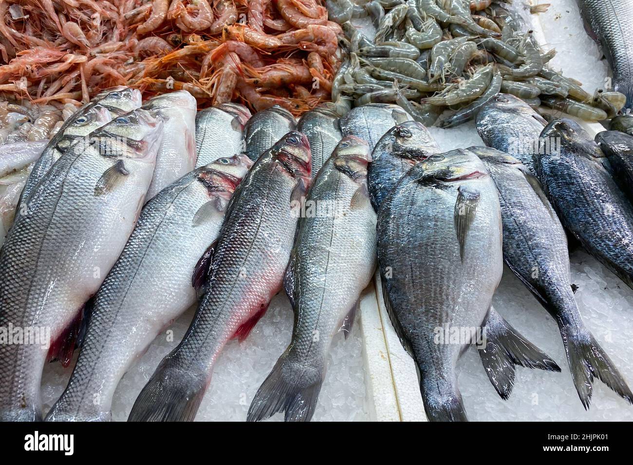Fresh fish and seafood at fish market stall as seafood background