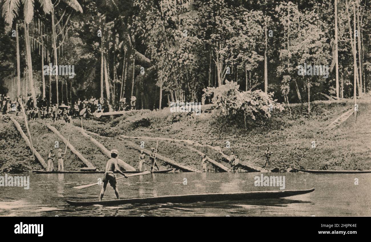 Borneo inhabitants emerging through a screen of fruit trees set between their village & Baram river (1923) Stock Photo