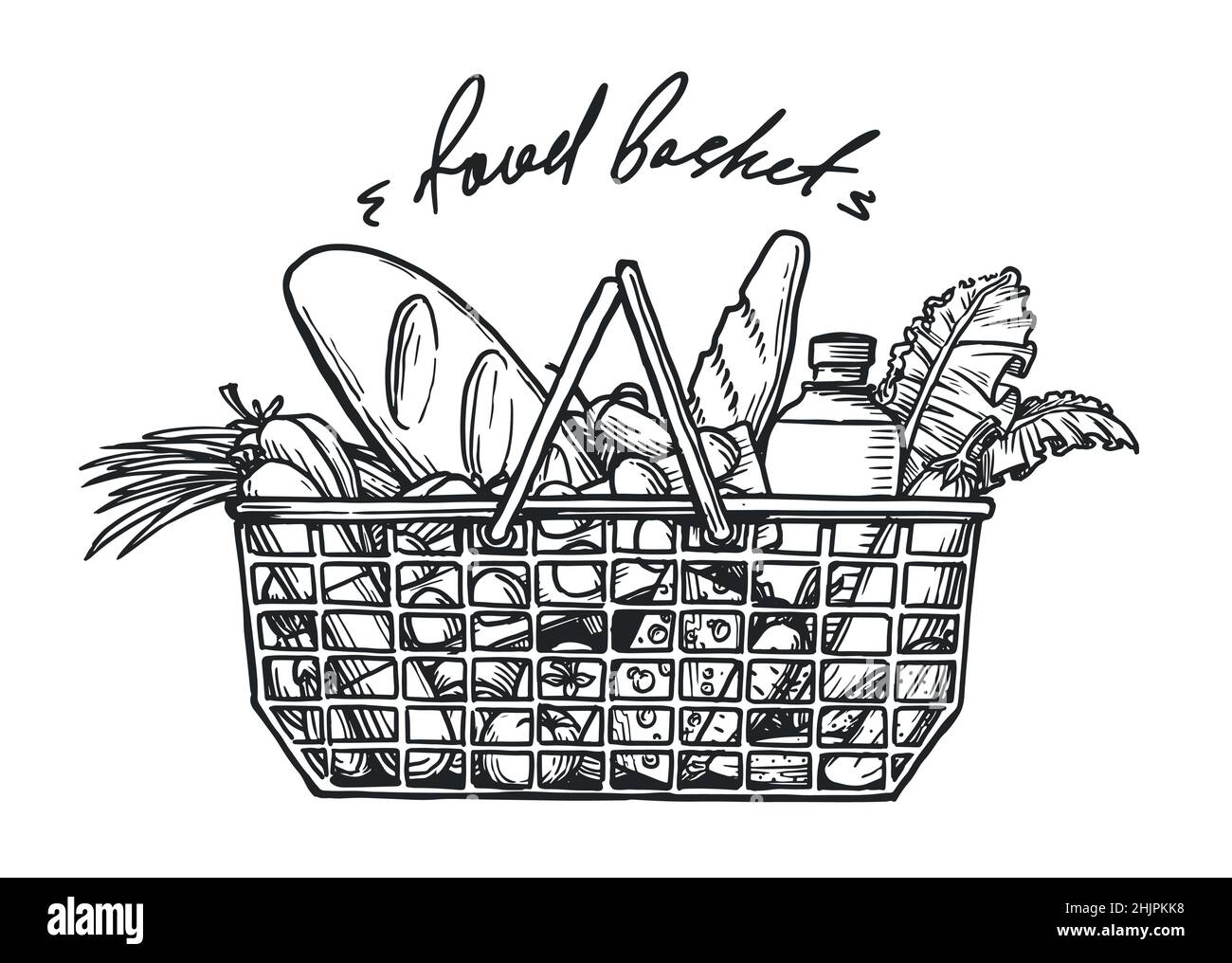 Supermarket shopping basket with organic food. Grocery store. Hand