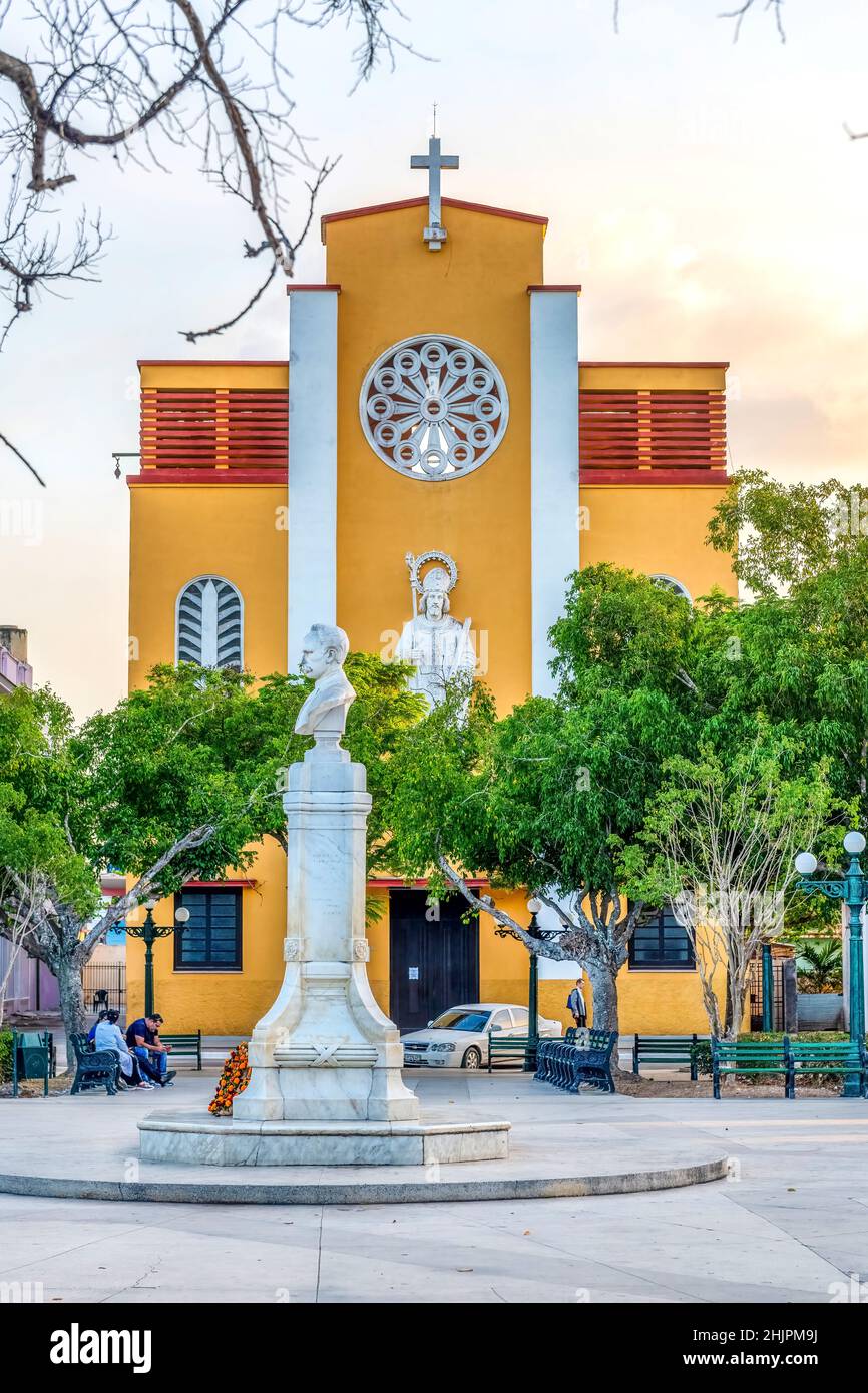 Facade of the San Eugenio Catholic Cathedral seen from the Parque Jose Marti. The building is a local landmark and a tourist attraction. Stock Photo