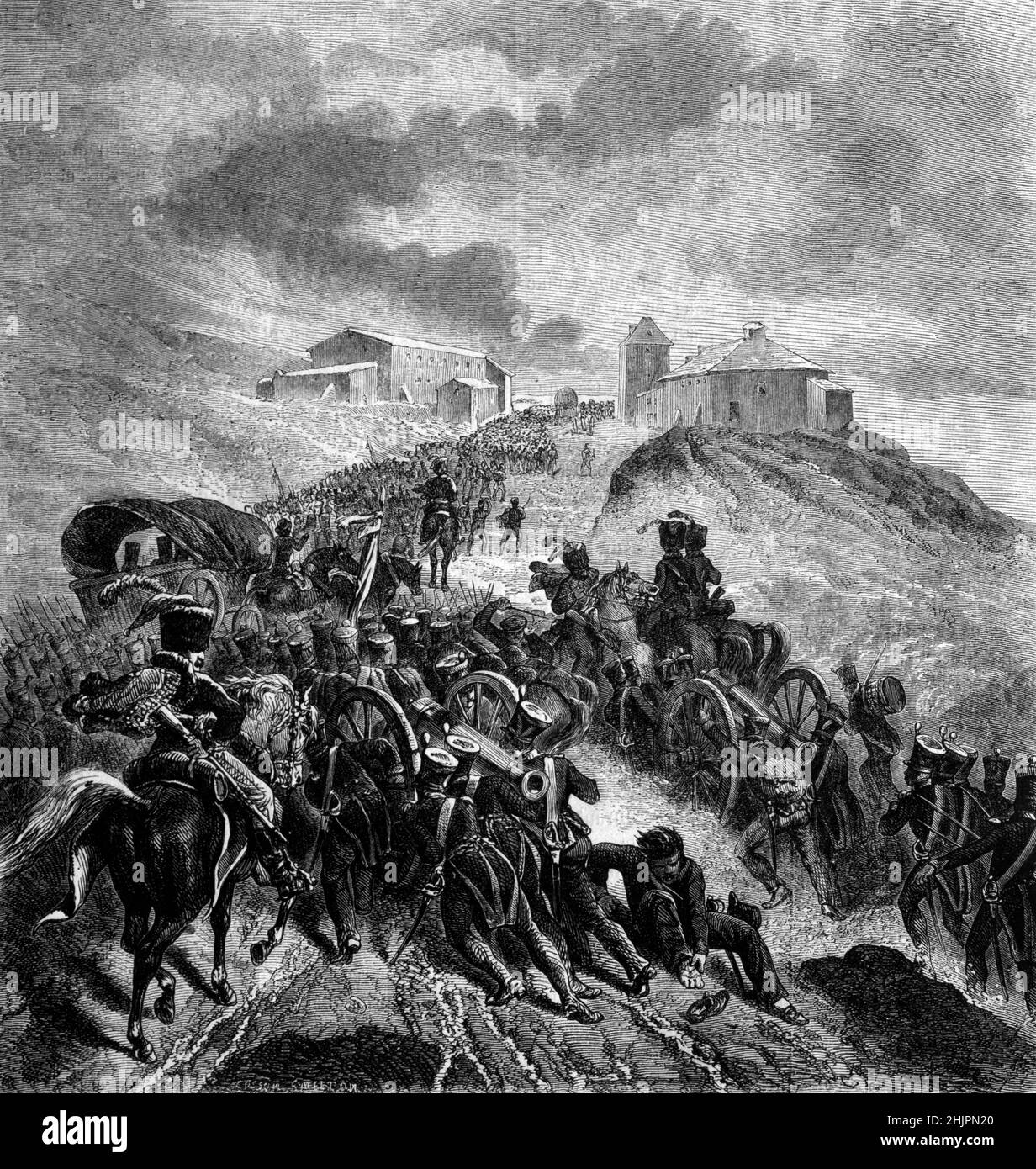 French Imperial Army, or French Army Under Napoleon, at Guadarrama Pass (1808), during the Spanish War of 1808-1809, Guadarrama Spain. The French were in pursuit of British forces under the command of Lietenant-General Sir John Moore. Vintage Illustration or Engraving 1865 Stock Photo