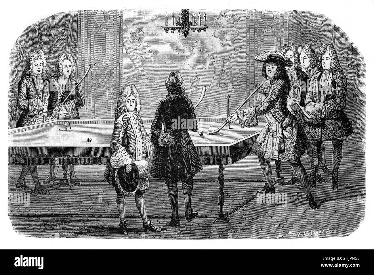 French King Louis XIV Playing French Billiards aka Carom Billiards or Carambole Billiards with his Minister Michel Chamillart or Chamillard in the Palace of Versailles. One of a series of six engravings 'Appartements de Versailles' by Antoine Trouvain published between 1694 and 1698. This engraving shows the third apartment in the series. Stock Photo