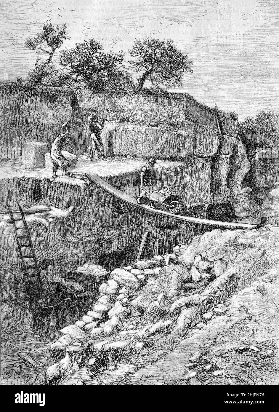 Early Stone Quarry, La Croix-aux-Coqs, in the Yéres Valley Normandy France. Vintage Illustration or Engraving 1865 Stock Photo