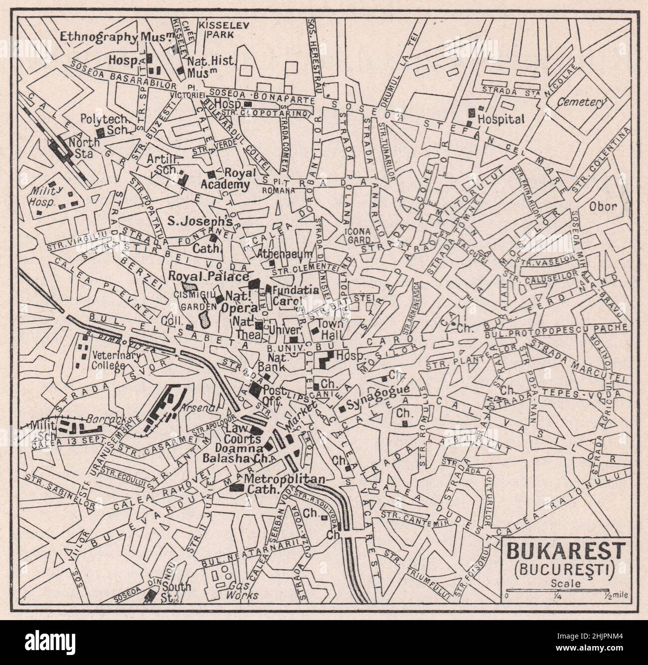 Plan of Bukarest. the little Paris' of the Balkans. Romania. Bucharest (1923 map) Stock Photo