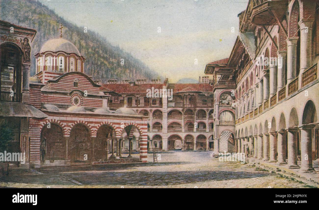 Most of the Rila Monastery dates from the early 19th century, though St. Ivan Rilski had his cell there 1000 years before. Bulgaria (1923) Stock Photo