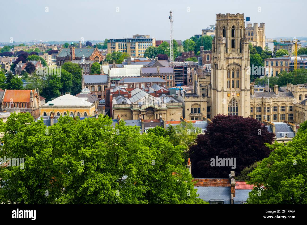 Cityscape and University of Bristol Wills Memorial Building viewed from Cabot Tower in Brandon Hill Park. Avon, England, UK, Britain Stock Photo