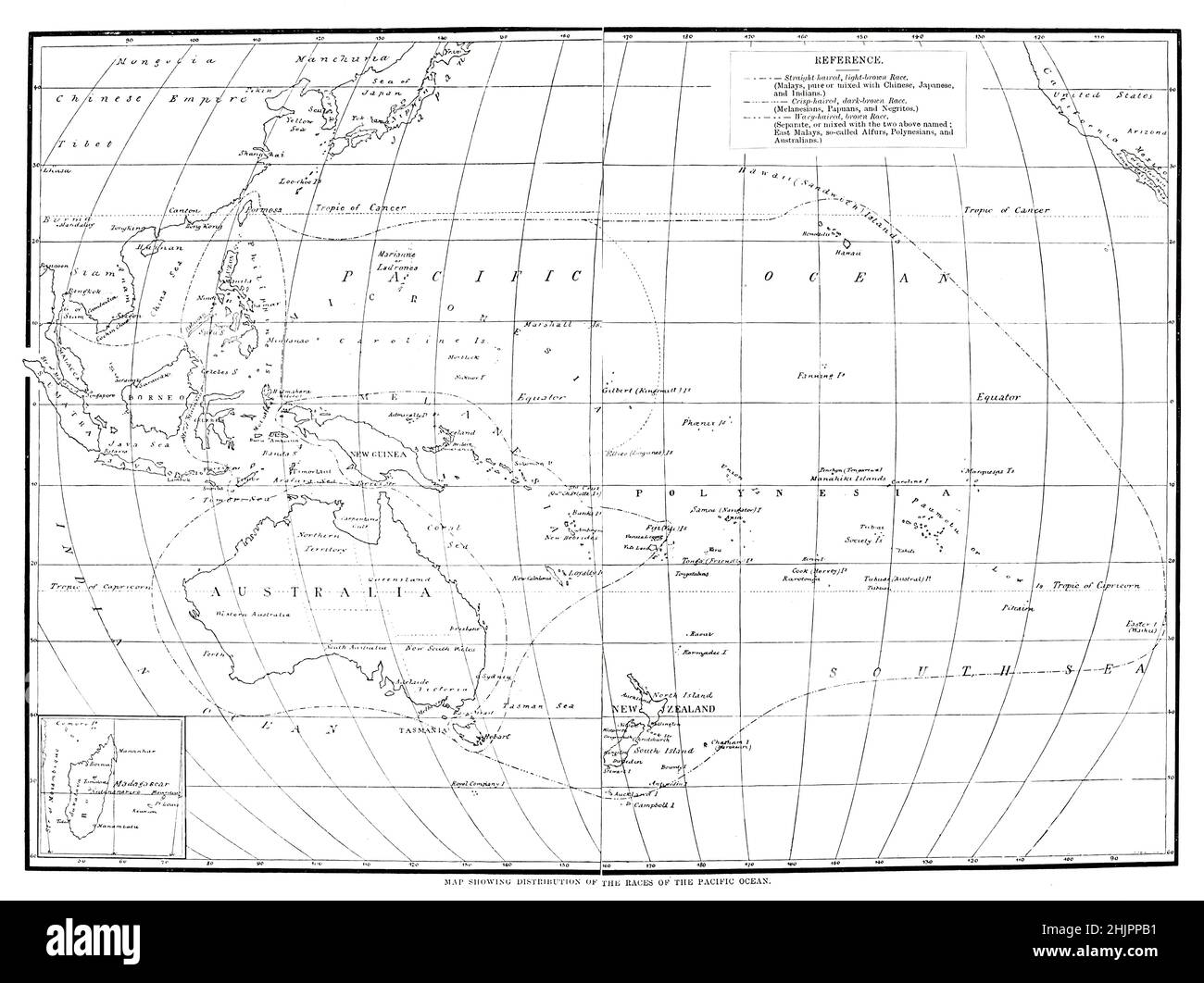 Map showing the distribution of races of the Pacific Ocean from the book '  The living races of mankind ' Vol 1 by Henry Neville Hutchinson,, editors John Walter Gregory, and Richard Lydekker, Publisher: London,  Hutchinson & co 1901 Stock Photo