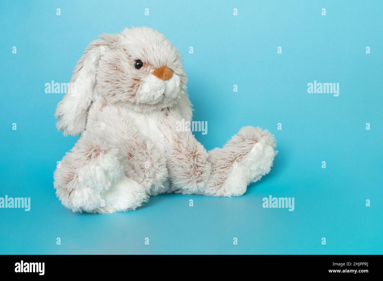 Stuffed bunny on blue background. Easter concept. Cute white toy bunny sitting on colored background. Stock Photo
