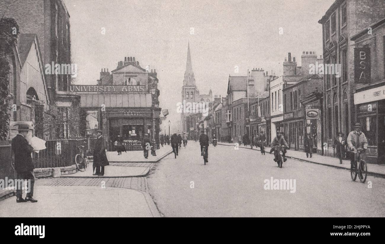 Eastward view of regent street, Cambridge, with the Roman Catholic church at 'Hyde Park Corner' (1923) Stock Photo