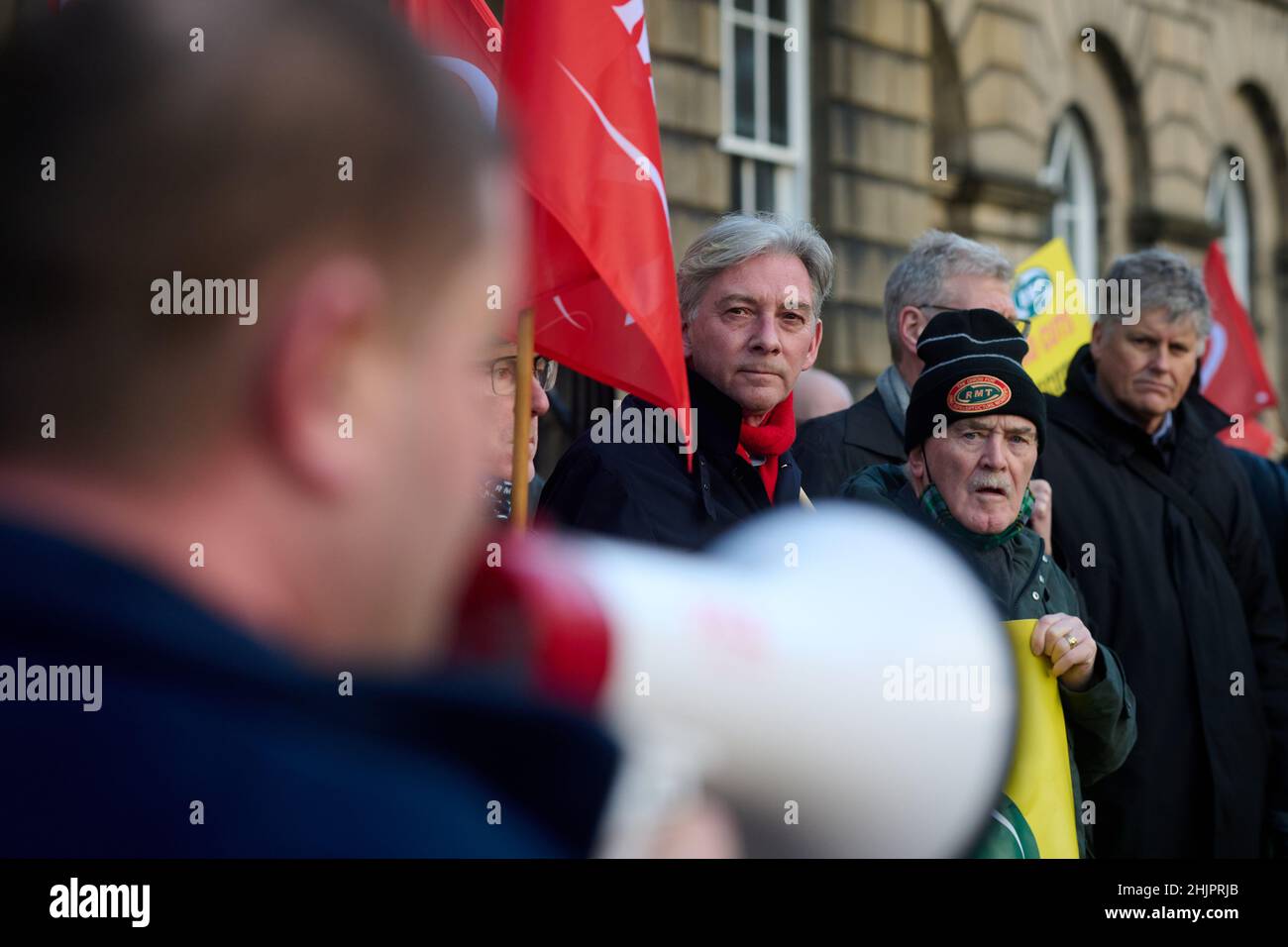 Edinburgh Scotland, UK January 31 2022. RMT Union rail, ferry and energy workers march from Waverley Station to Bute House, the Residence of Scotland’s First Minister to protest at the Scottish Government’s behaviour on a range of issues.  credit sst/alamy live news Stock Photo