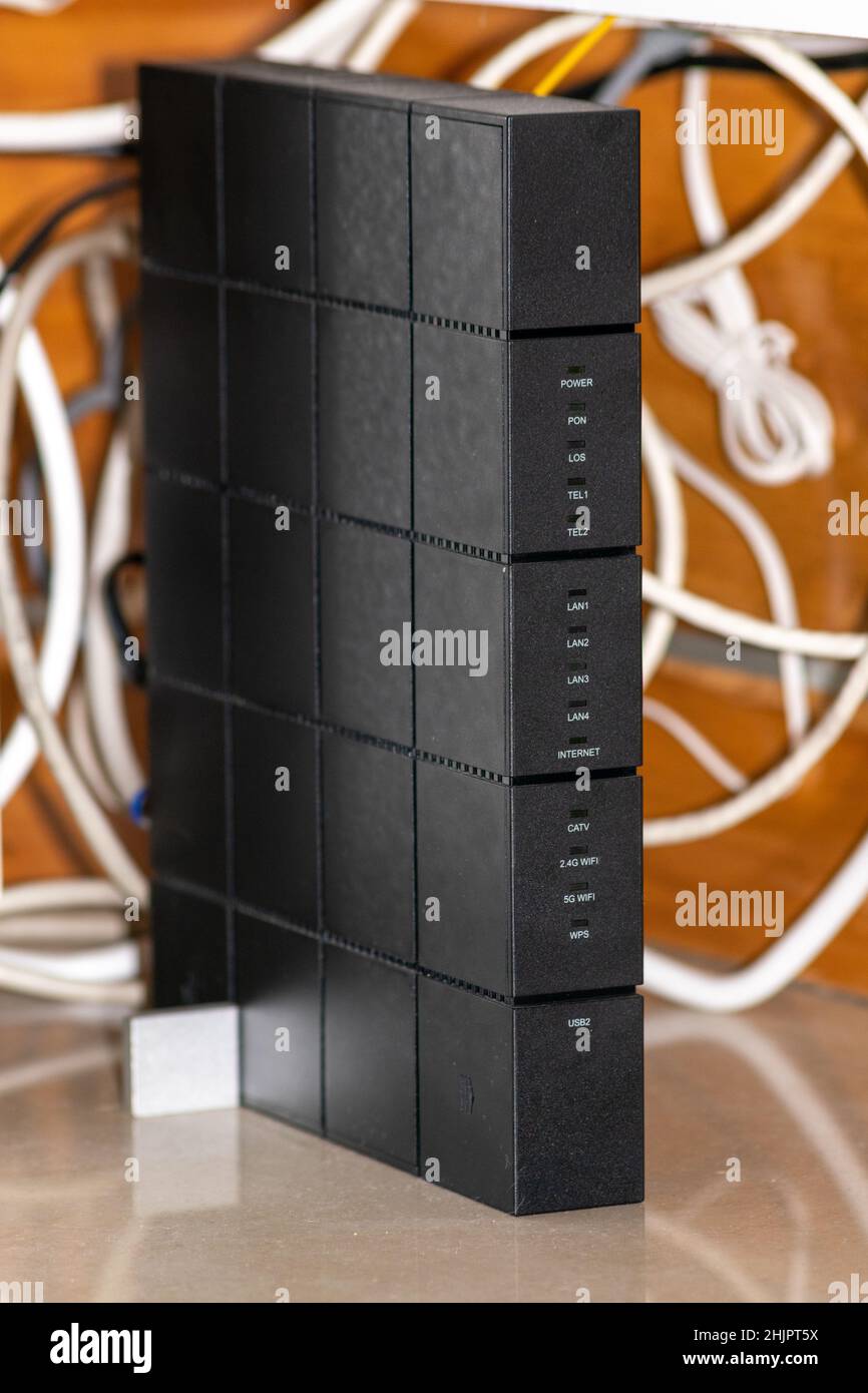 Router or modem for and a lot of cables connections Stock