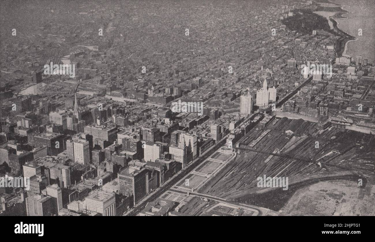 Bird's-Eye view over the skyscrapers of the commercial and business quarters of Chicago. Illinois (1923) Stock Photo