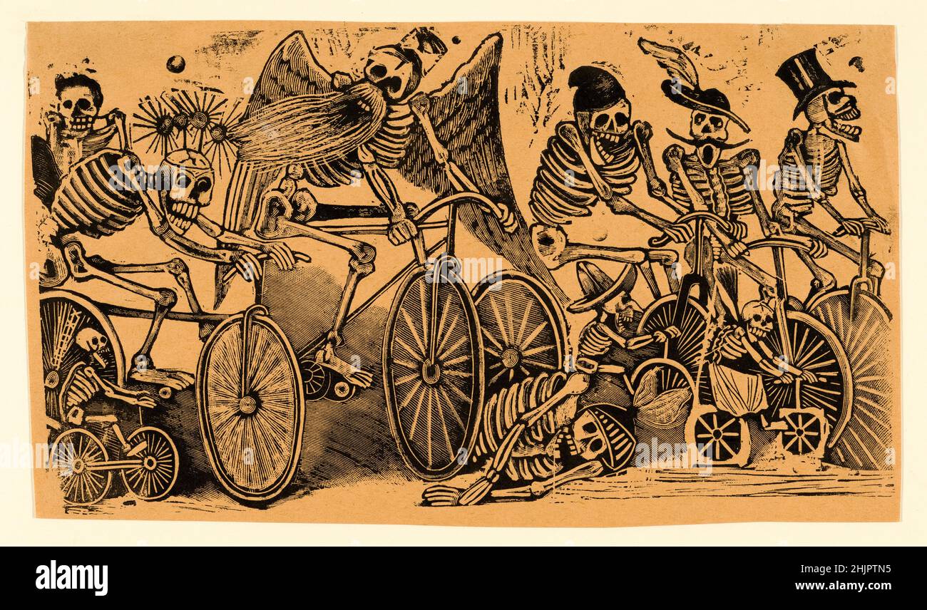 José Guadalupe Posada, Skeletons, (Calaveras), riding bicycles, etching, circa 1900 Stock Photo