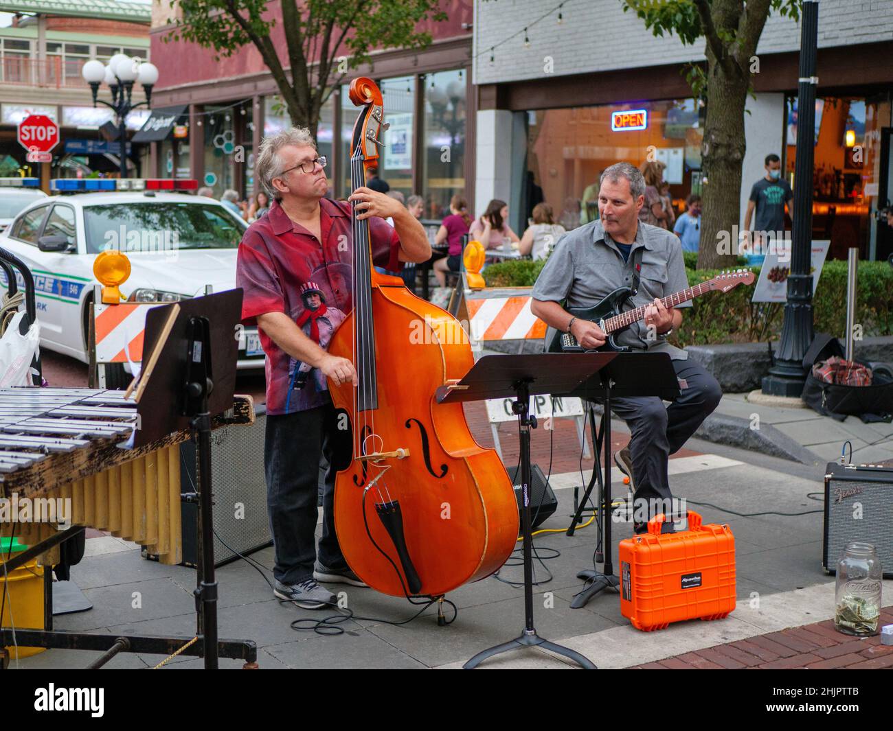 Band performing at street fair. Oak Park, Illinois. Stock Photo