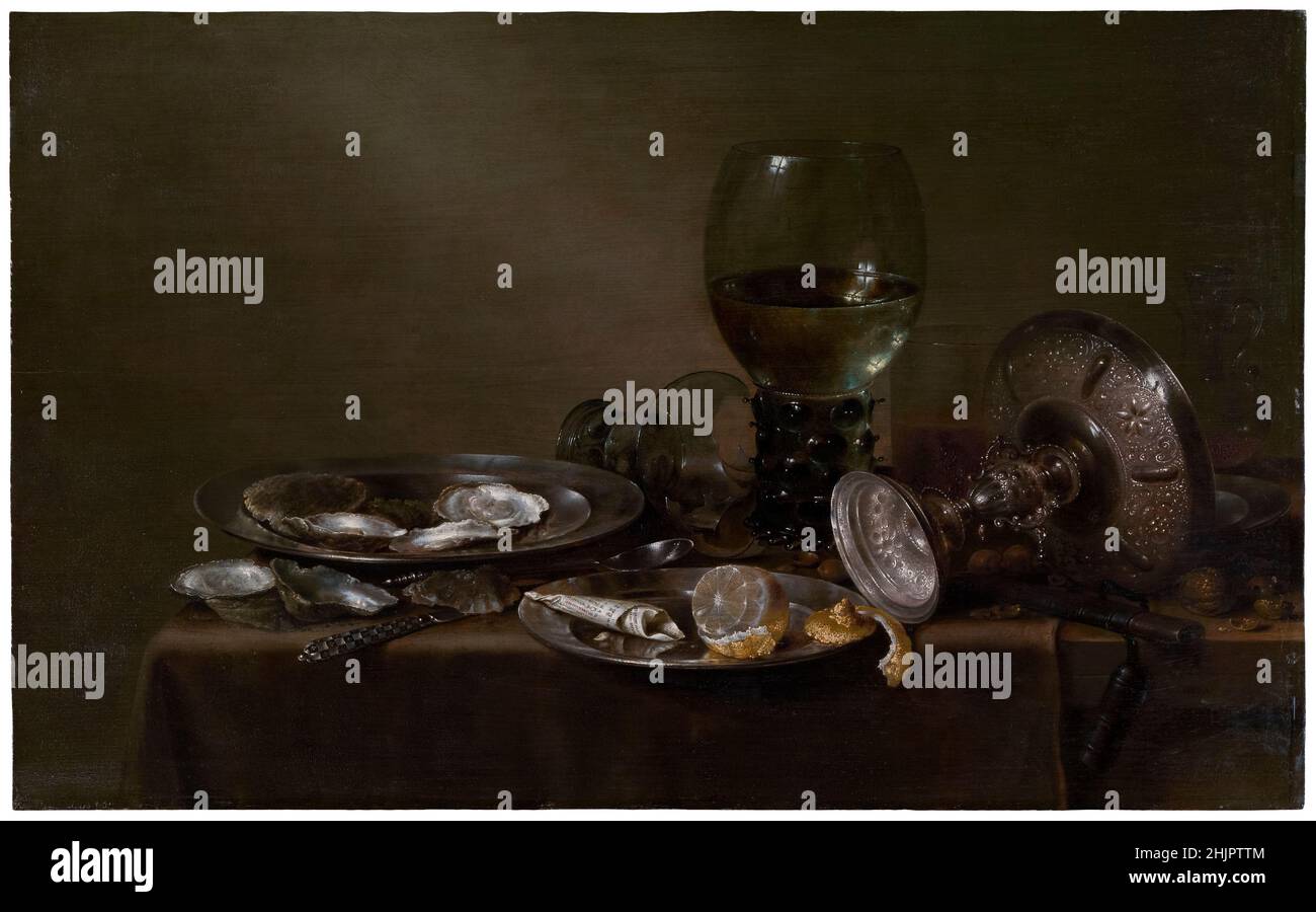 Willem Claesz. Heda, Still Life with Oysters a Silver Tazza and Glassware, painting, 1635 Stock Photo