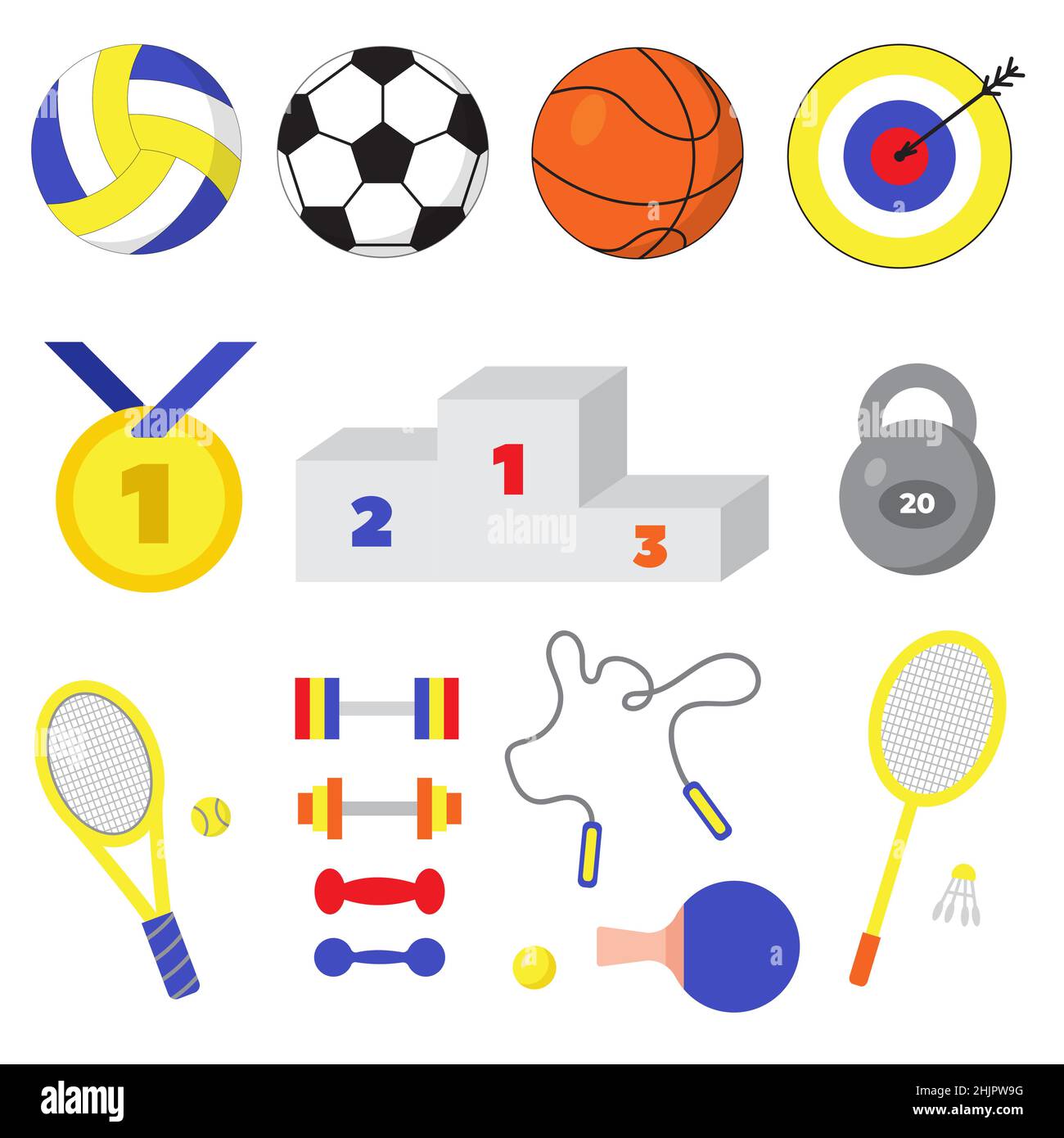 Big set of sport and fitness equipment. Playing balls, target with
