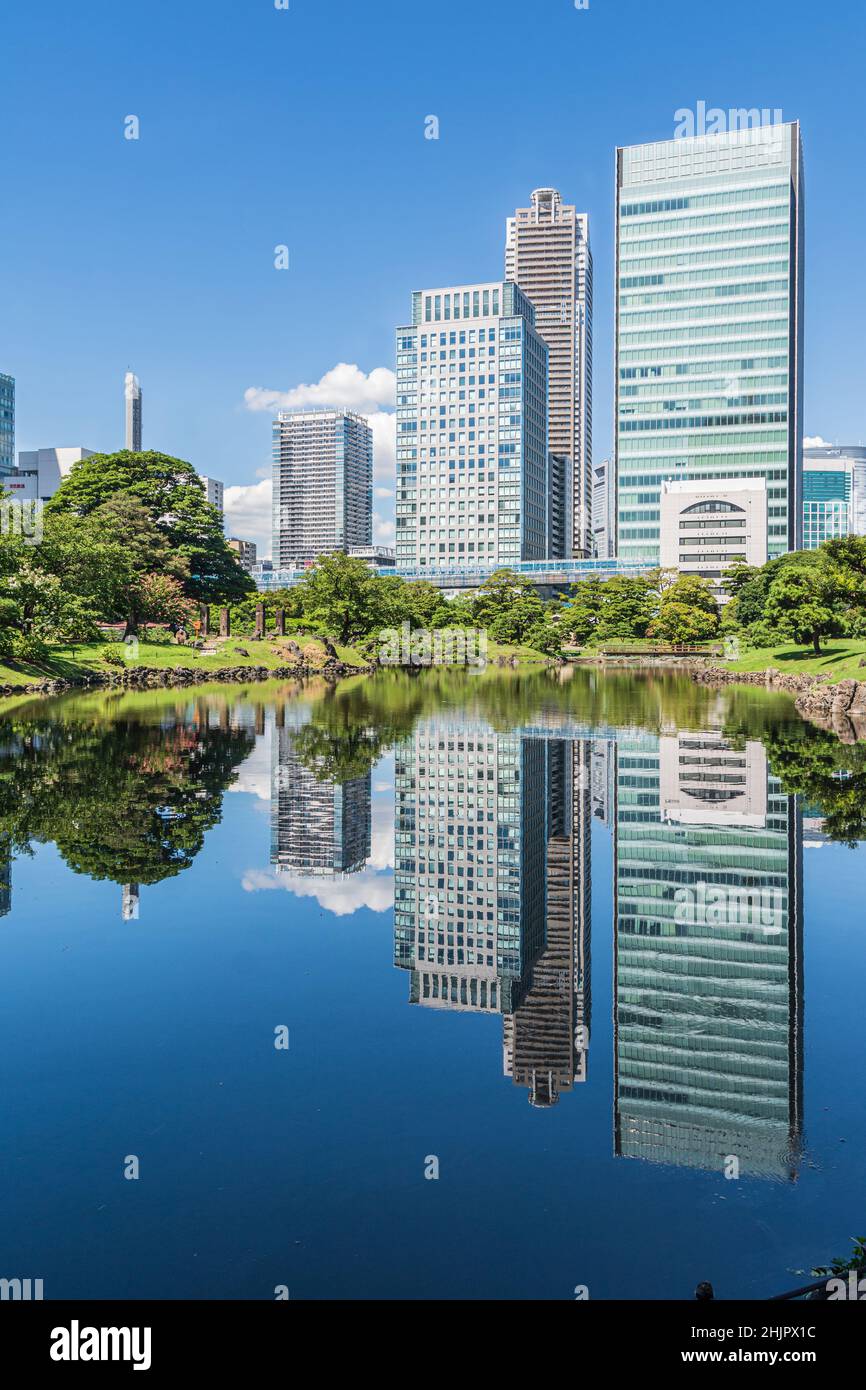 Tokyo,Japan, Asia - September 7, 2019 : Skyscrapers seen from Kyu Shiba Rikyu Garden Stock Photo