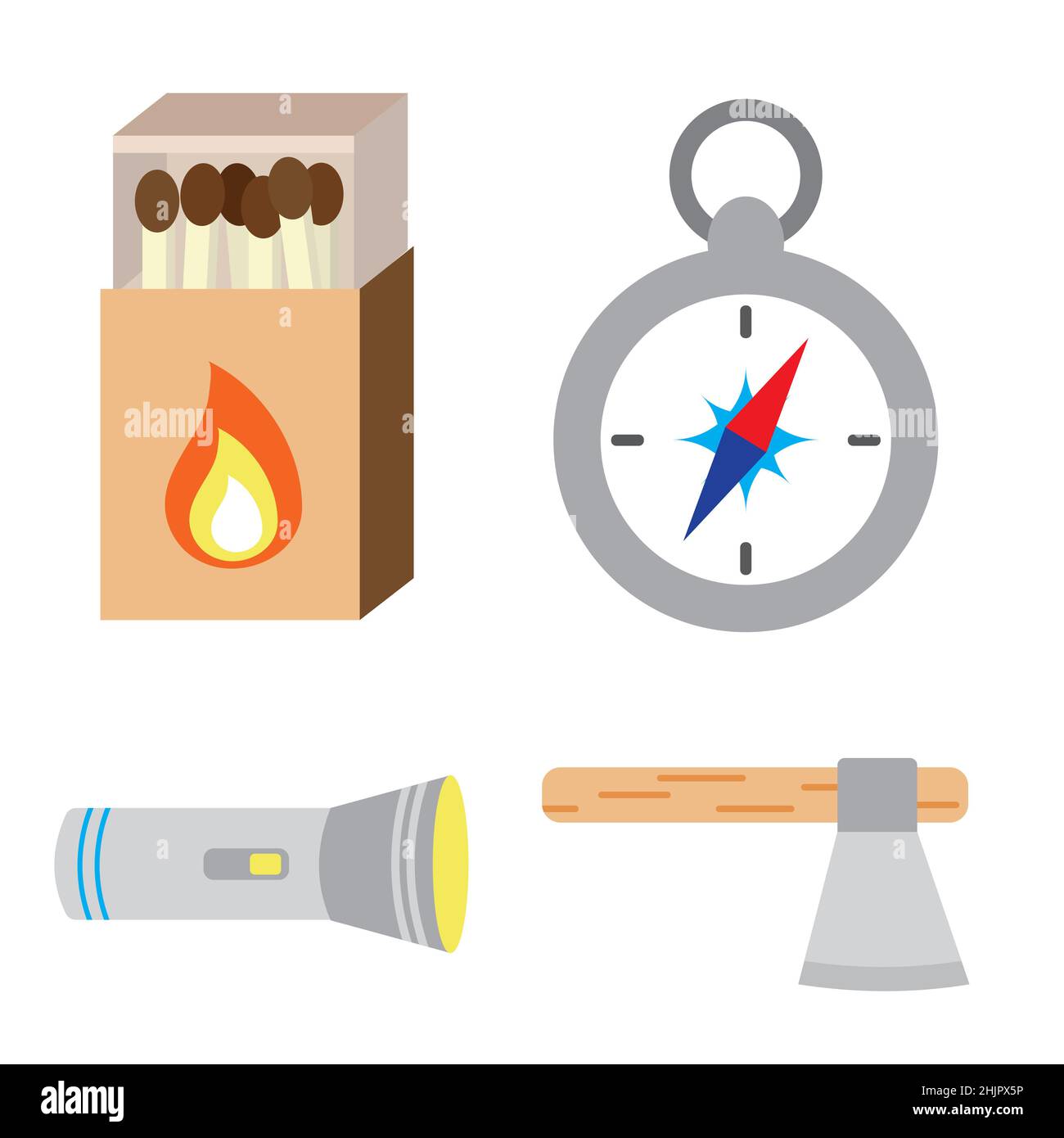 Set of touristic and camping equipment. Compass, flashlight, matches box and axe. Things for active vacations. Luggage icons for travel, journey and Stock Vector